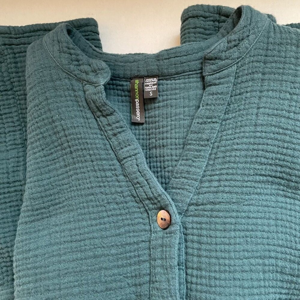 Shannon Passero GreenTextured Cotton Dress S Crinkle Gauze Lagenlook Pockets - Picture 3 of 8